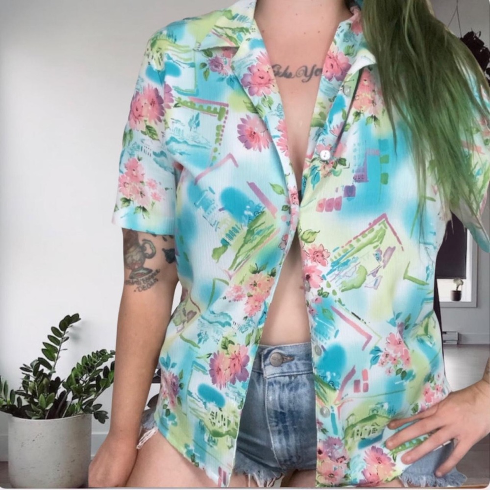 Alia Retro Tropical Hawaiian Bright Multicolor Button Up Blouse SIze 12